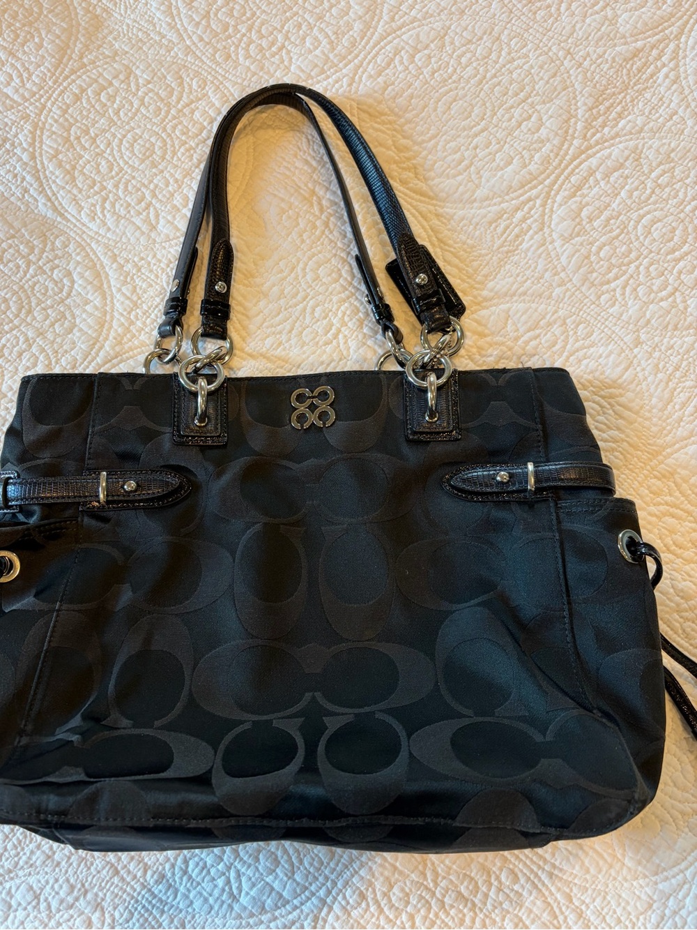 Coach Authentic 2010 Black Signature Shoulder Tote with Silver Hardware